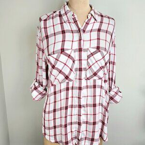 Express Plaid Button Down Shirt Red Black White Roll Tab Sleeve Size S